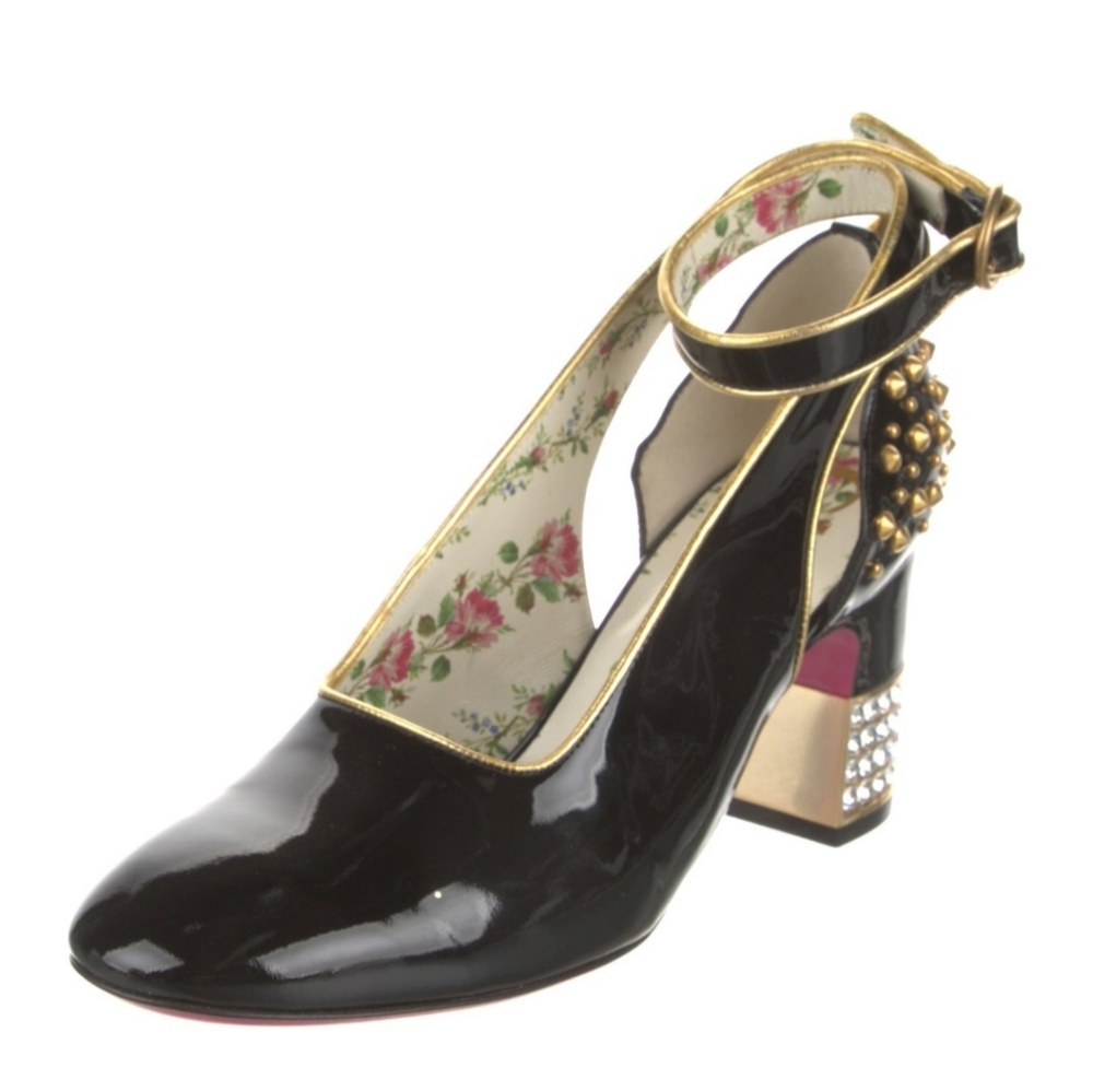 Gucci Runway Caspar Patent Studded Crystal Block-Heel Slingback Pumps - Picture 3 of 9